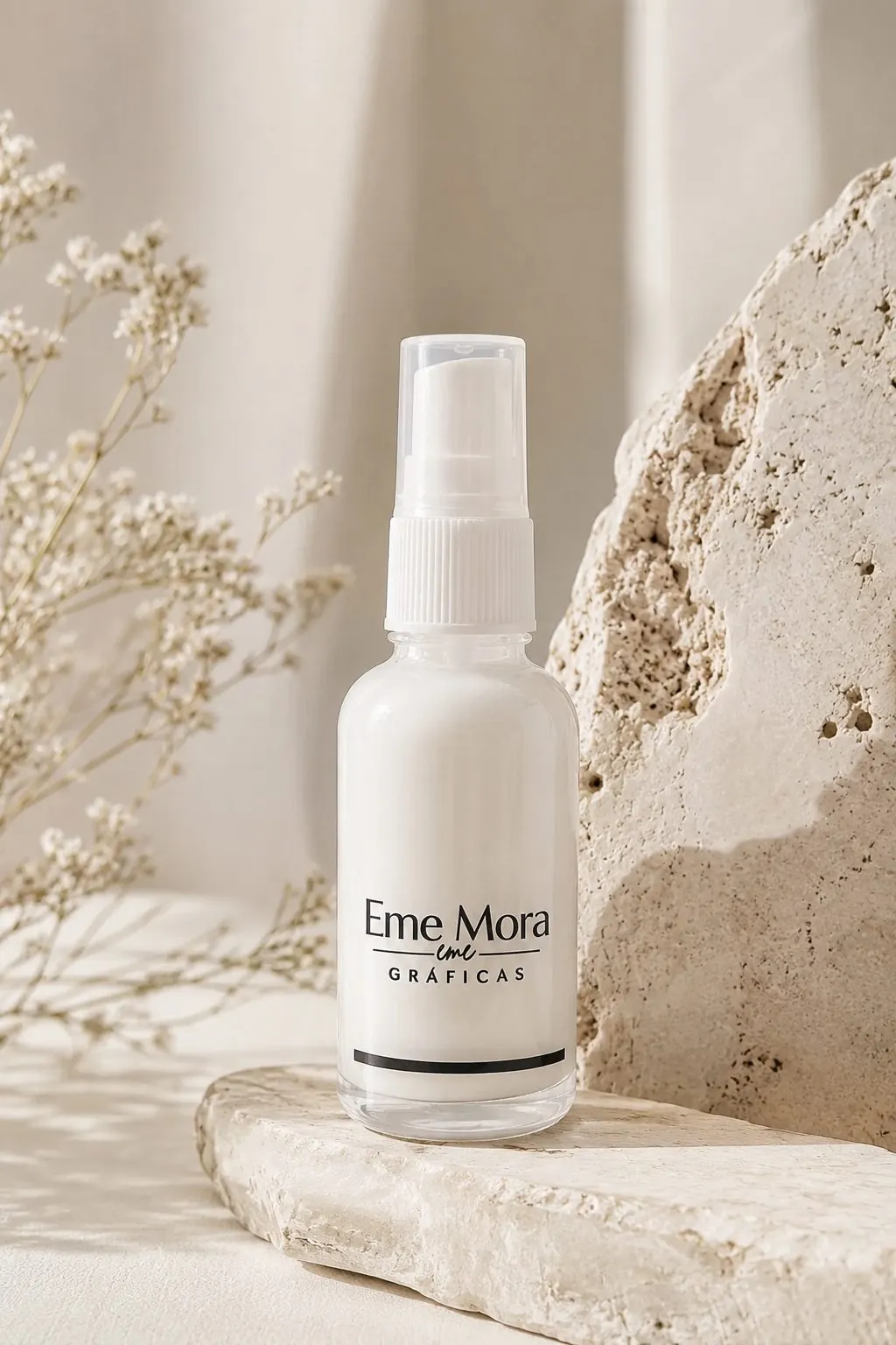 Frasco blanco con el logo de Gráficas Eme Mora sobre piedra travertino